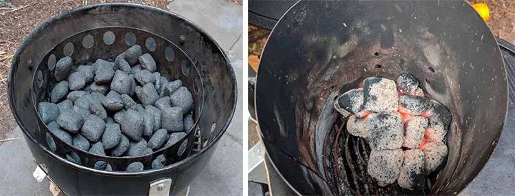 Charcoal briquettes in a charcoal smoker and a charcoal starter