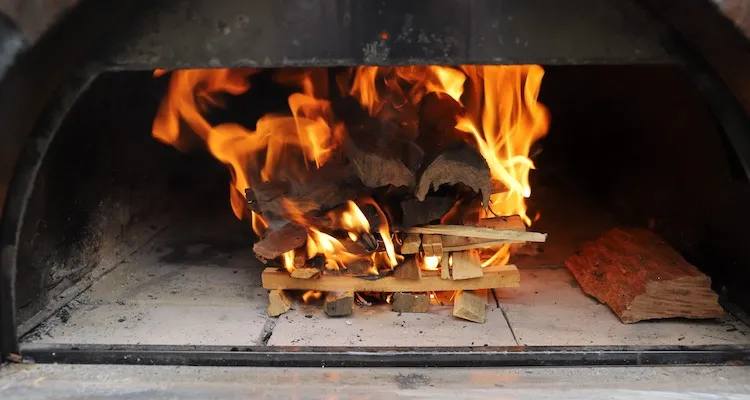 burning wood in a pizza oven